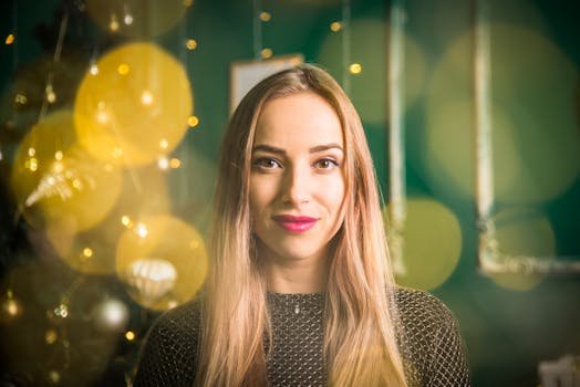 A joyful portrait of a woman with festive golden bokeh lights in the background, Seasonal Fashion Trends 2025